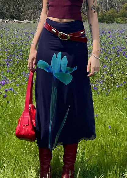 Navy Print High Waist Patchwork Tulle Skirts Summer