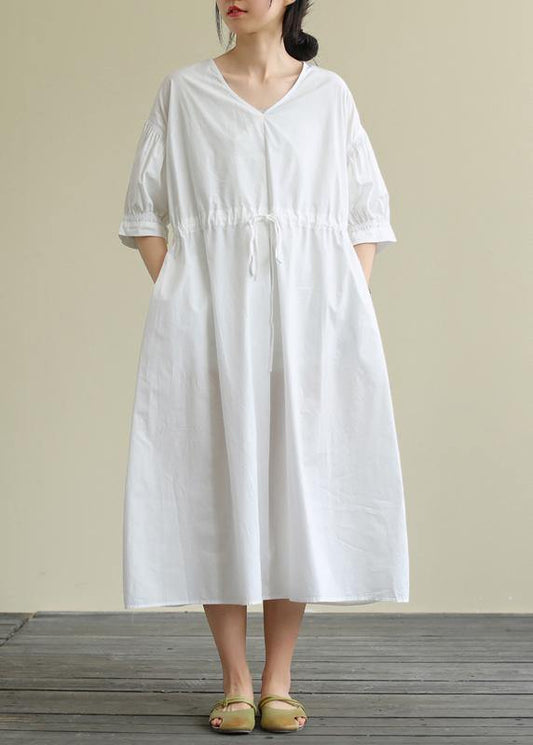 100% White Cotton Tunic Pattern V Neck Drawstring Maxi Dress