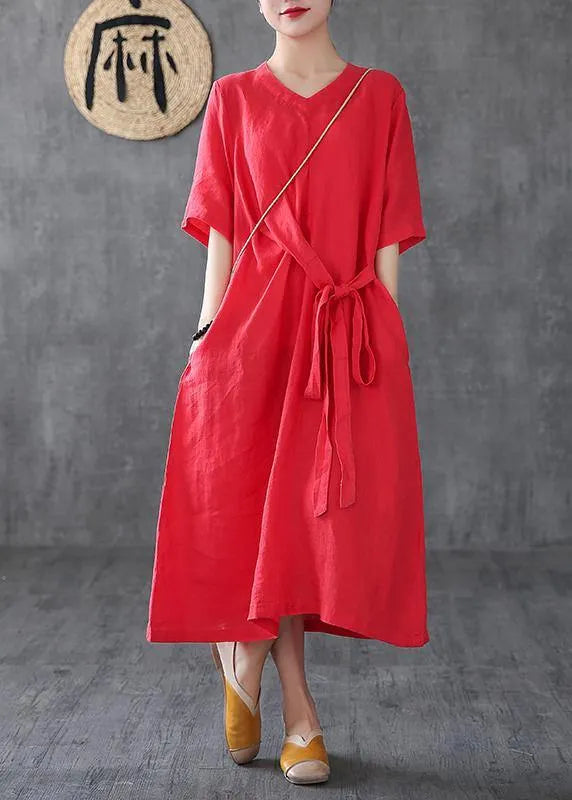 Unique Red Linen Clothes V Neck Maxi Dress