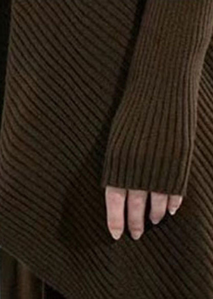 Diy Chocolate Turtle Neck Asymmetrical Wool Sweater Tops Long Sleeve