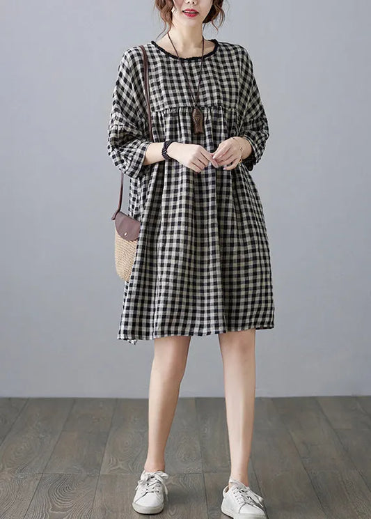 O-neck Wrinkled Pocket Plaid Linen Loose Dresses Half Sleeve