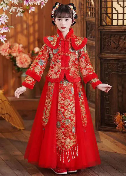 Art Red Embroideried Warm Fleece Kids Coats and Maxi Skirts Two Piece Set Long Sleeve