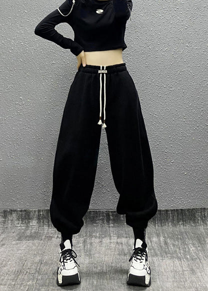 Black Pockets Drawstring Warm Fleece Sport Beam Pants Winter