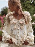 Bohemian Style 3d Pink Flower Knitted Pattern Women's V-neck Long-sleeve Knitted Sweater Jacket