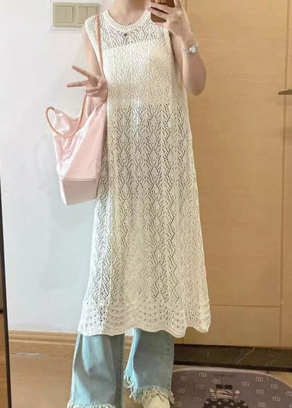 Beige O Neck Side Open Knit Dresses Sleeveless
