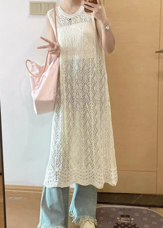 Beige O Neck Side Open Knit Dresses Sleeveless