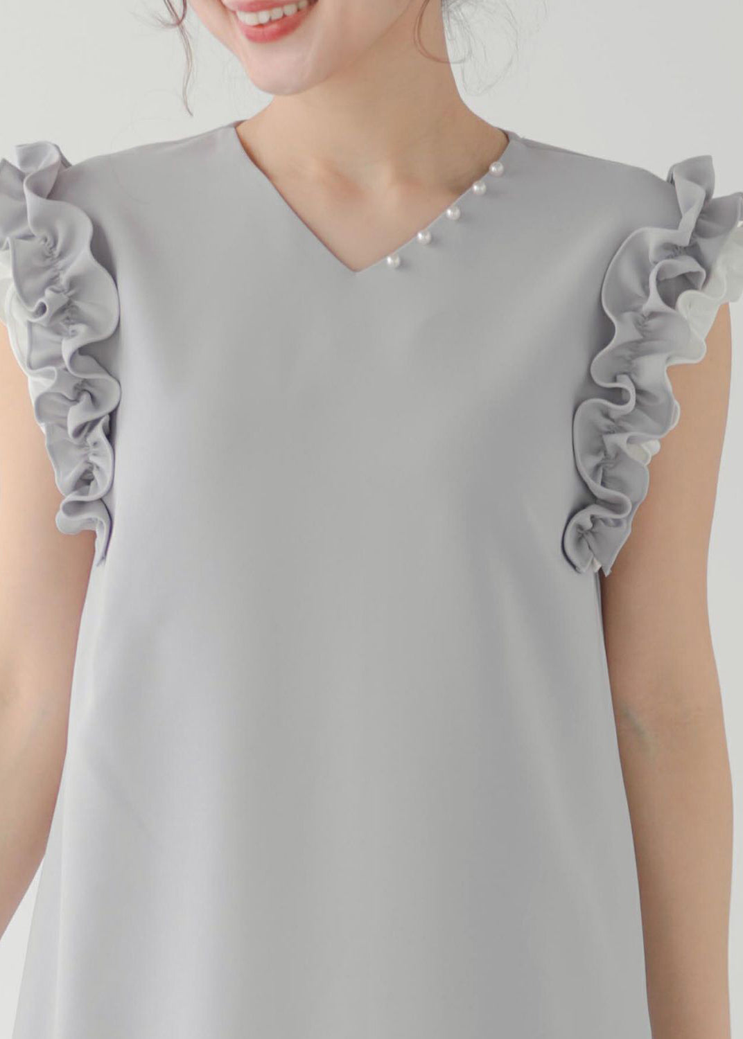 Grey Ruffled Patchwork Pearl Decorated Straight Dress Sleeveless