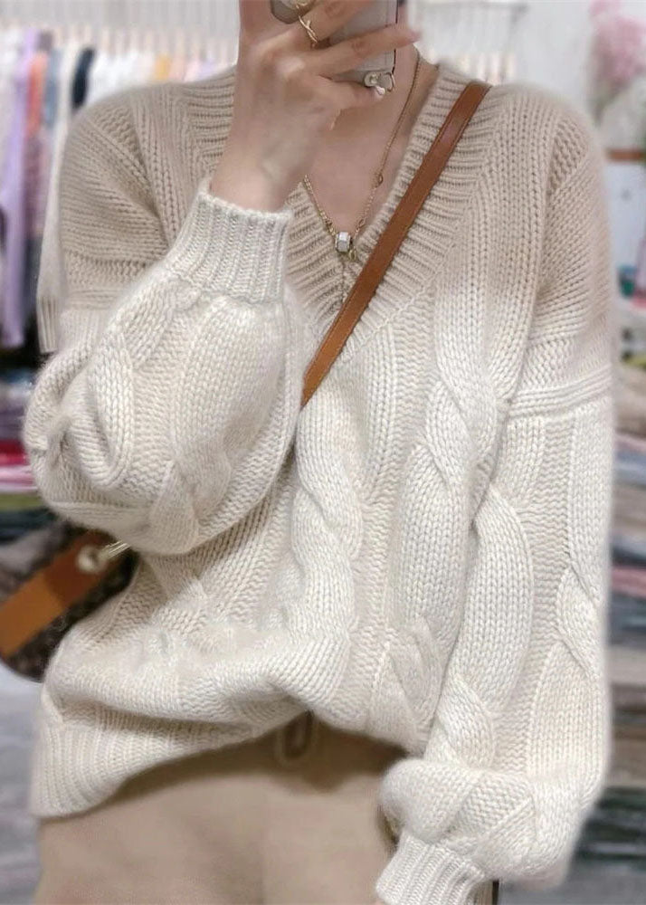 White V Neck Cozy Cable Knit Sweater Tops Winter