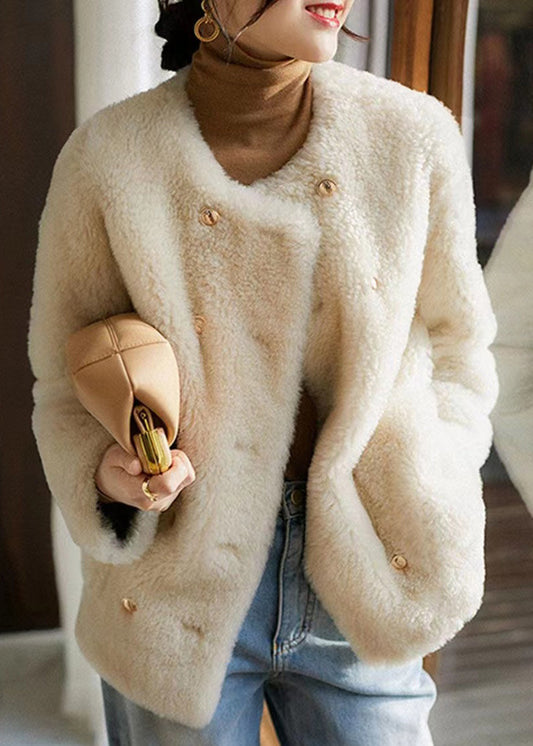 Beige Pockets Patchwork Wool Coats O Neck Button Winter