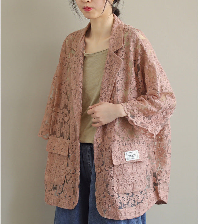 Loose Lace Embroidered Suit Collar Slim Coat