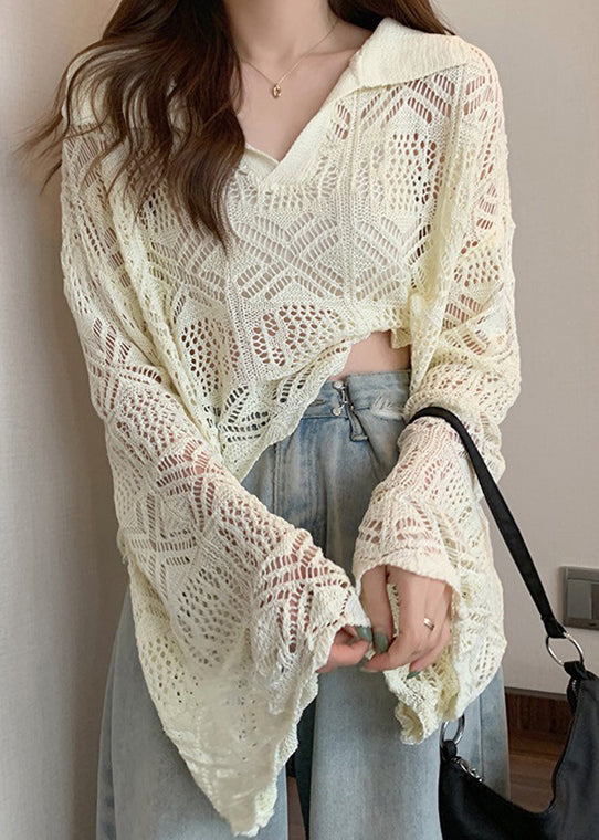 Stylish Apricot Peter Pan Collar Hollow Out Knit Top Summer