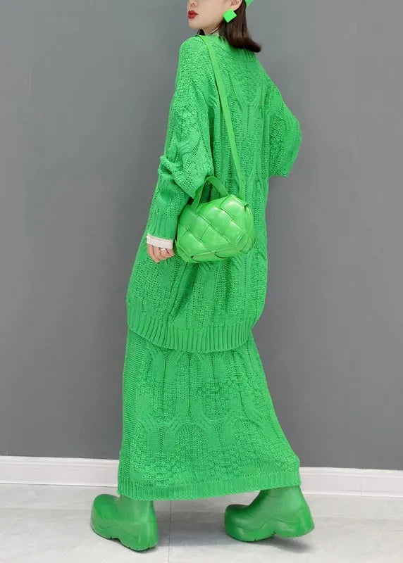 French Green V Neck Knit Sweaters and Skirts Two Piece Set Outfits Fall
