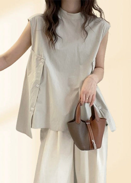 Apricot Stand Collar Asymmetrical T Shirt Short Sleeve