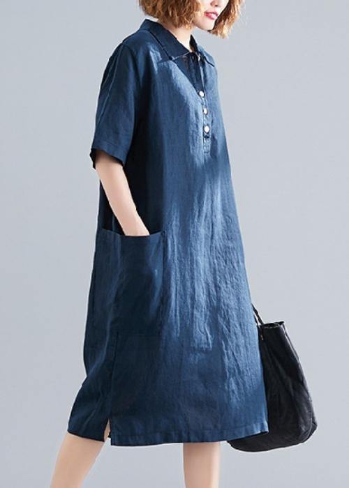 Navy Cotton Quilting Clothes Lapel Pockets Dress