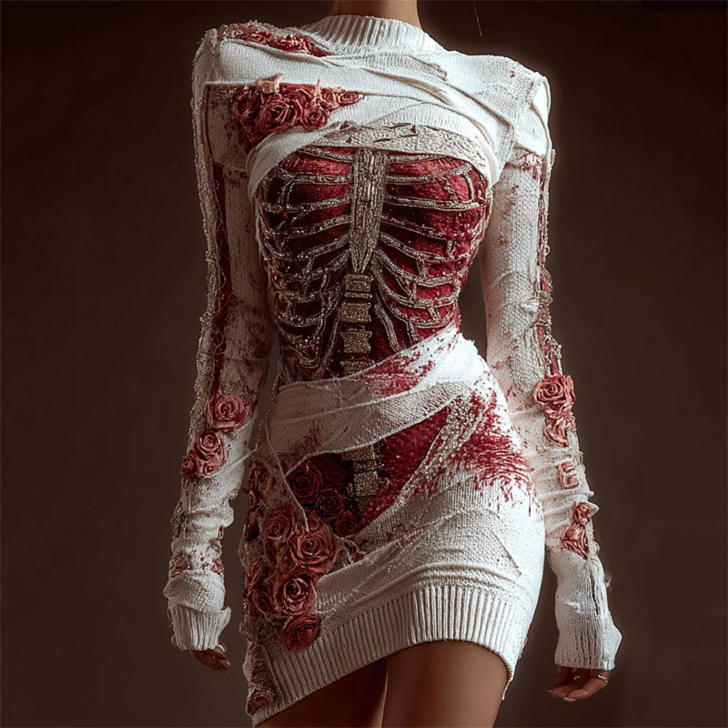Comstylish Classy Skeleton Anatomy Bloody Roses Bandages Knit Sweater Dress