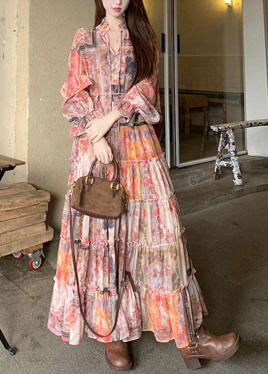 French V Neck Print Waistcoat and Maxi Dress Two Pieces Set Flare Sleeve