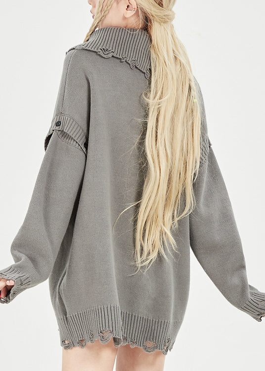 Grey Peter Pan Collar Asymmetrical Cozy Button Thick Knit Sweater Fall