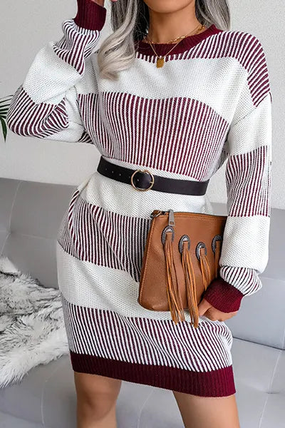 Striped Split Joint Contrast O Neck Dresses Sweater (without Belt)