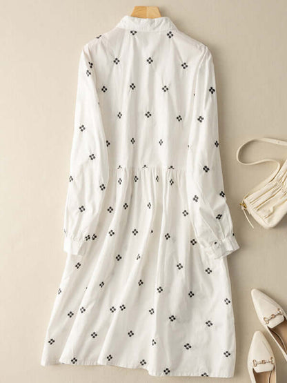 100% Natural Fabric Printed Long Sleeve Shirt Dress With Pockets