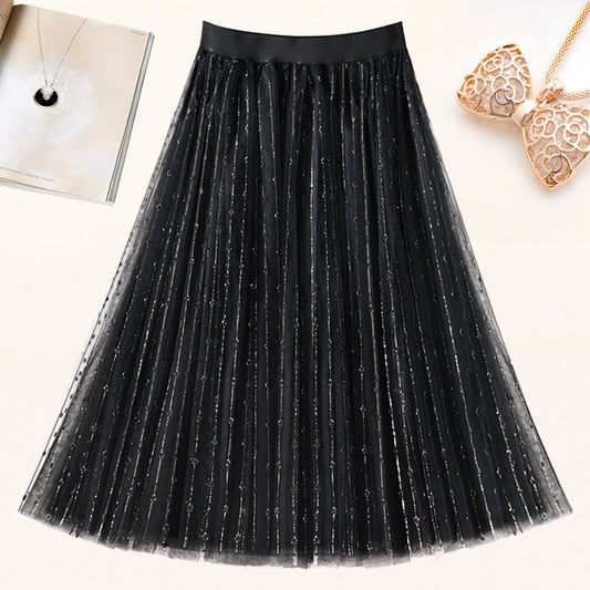 Black Elastic Waist Tulle Pleated Skirt Summer
