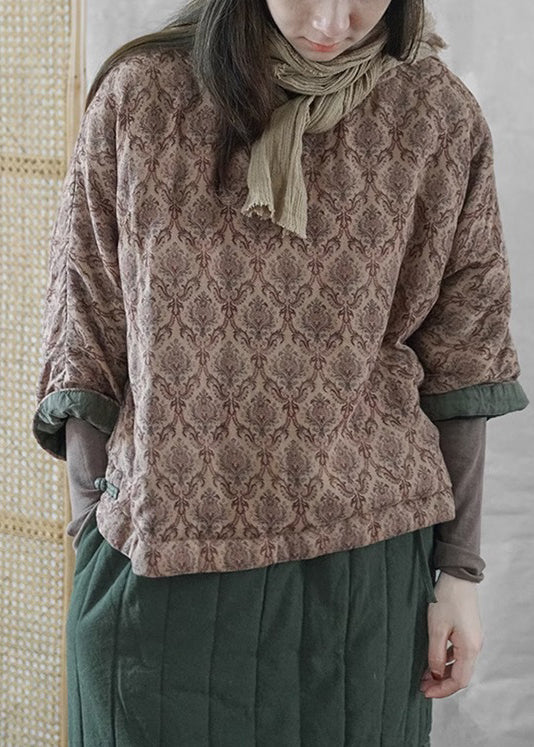 Khaki O Neck Print Chinese Button Fine Cotton Filled Top Winter
