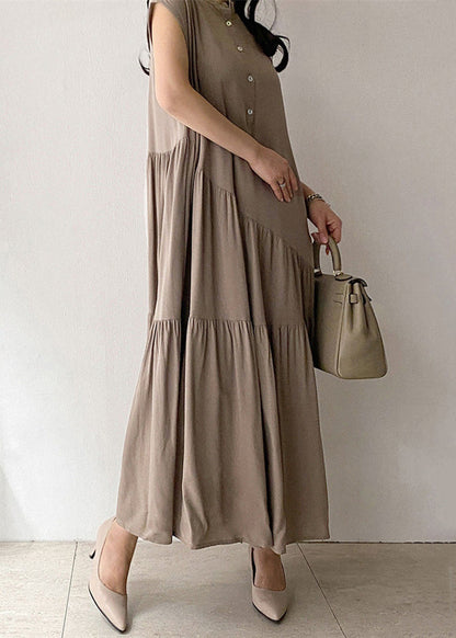 Khaki Wrinkled Button Pockets Cotton Long Dress Summer