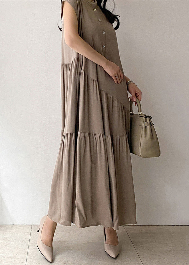Khaki Wrinkled Button Pockets Cotton Long Dress Summer