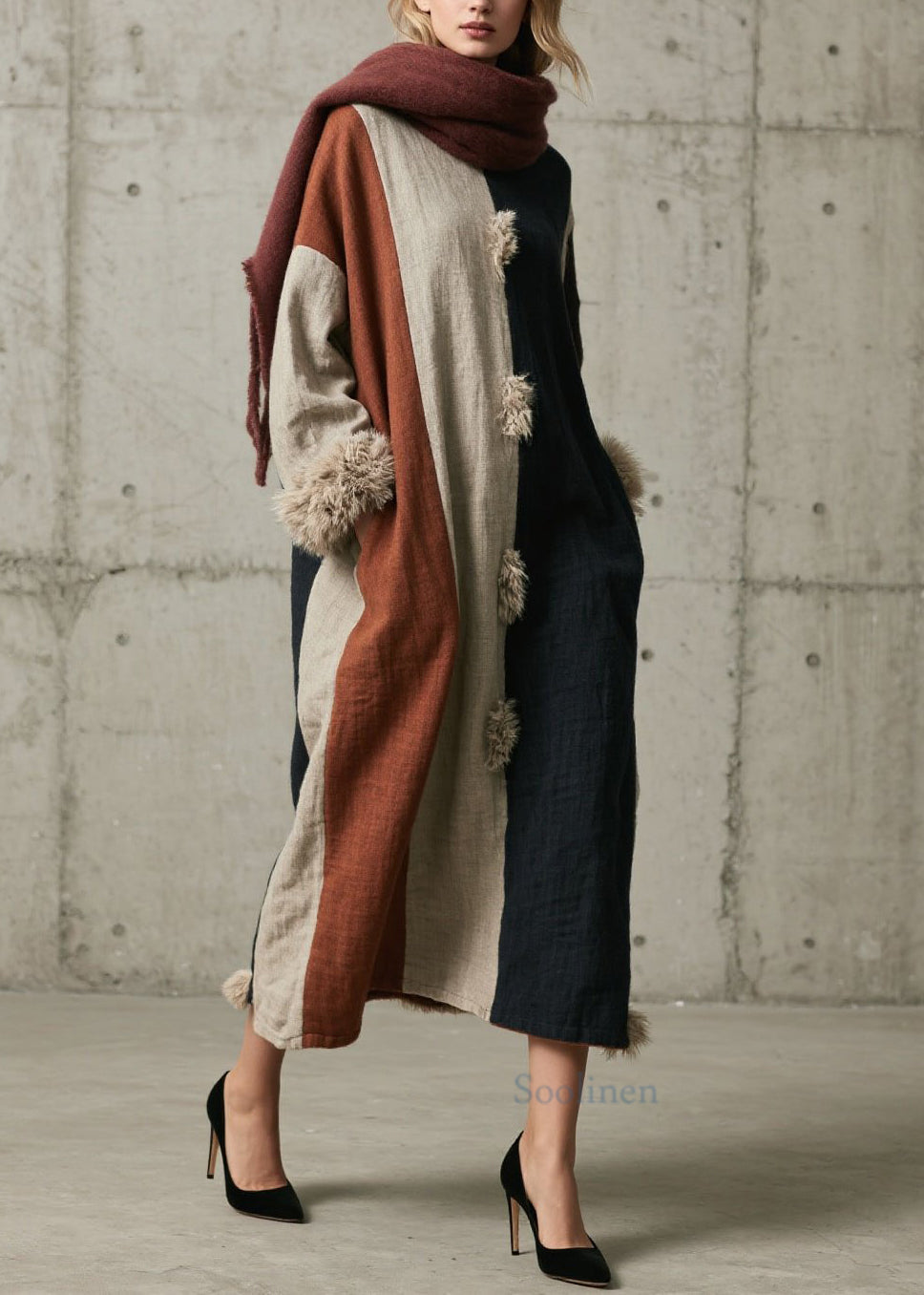Colorblock Fuzzy Fur Fluffy Patchwork Cotton Dress Fall