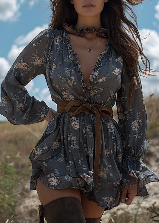 Grey Ruffled Print Patchwork Cotton Mini Dress Long Sleeve