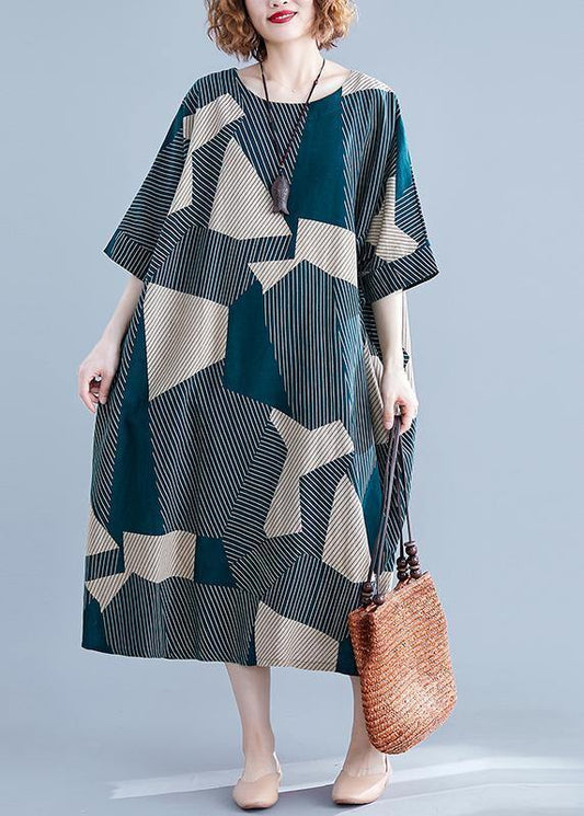Green Striped Cotton Clothes for O Neck Half Sleeve Clothing Summer Dress