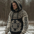 Men's Vintage Greek Key With Wheat Sheaf Art Pattern Casual  Cozy Knit Hooded Sweater elevenforest