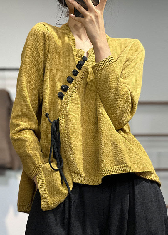 Yellow Asymmetrical Design Lace Up Knit Sweater Tops Winter