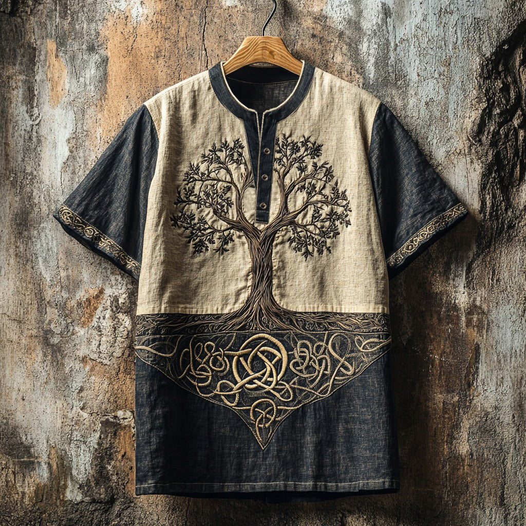 Men's Viking Tree Of Life Tribal Celtic Color Contrast Art Linen Shirt elevenforest