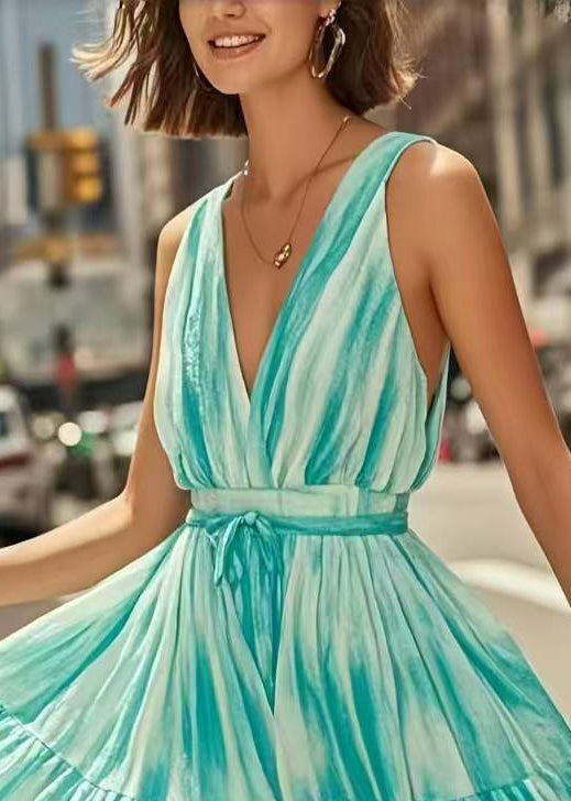 Blue Tie Dye Tie Waist Chiffon Mini Dress Summer