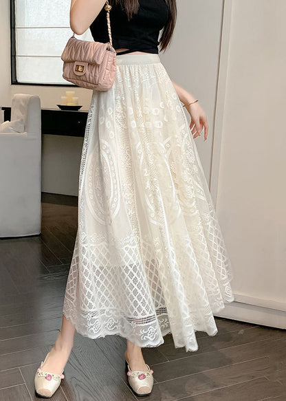 Fine Apricot Embroidered Elastic Waist Lace Skirt Summer