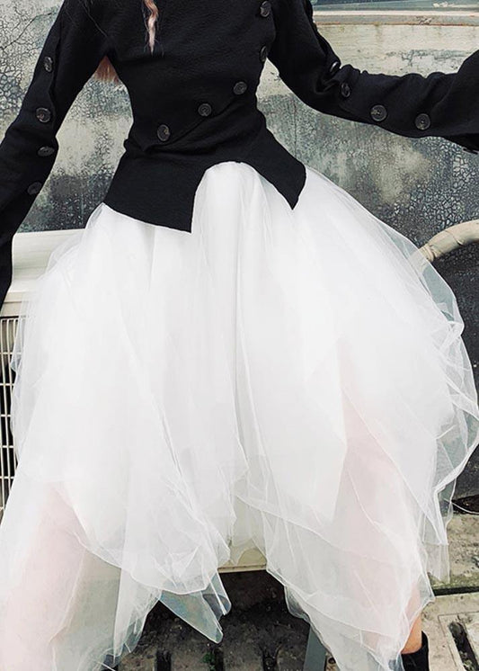 Organic White High Waist Asymmetrical Design Summer Tulle Skirt