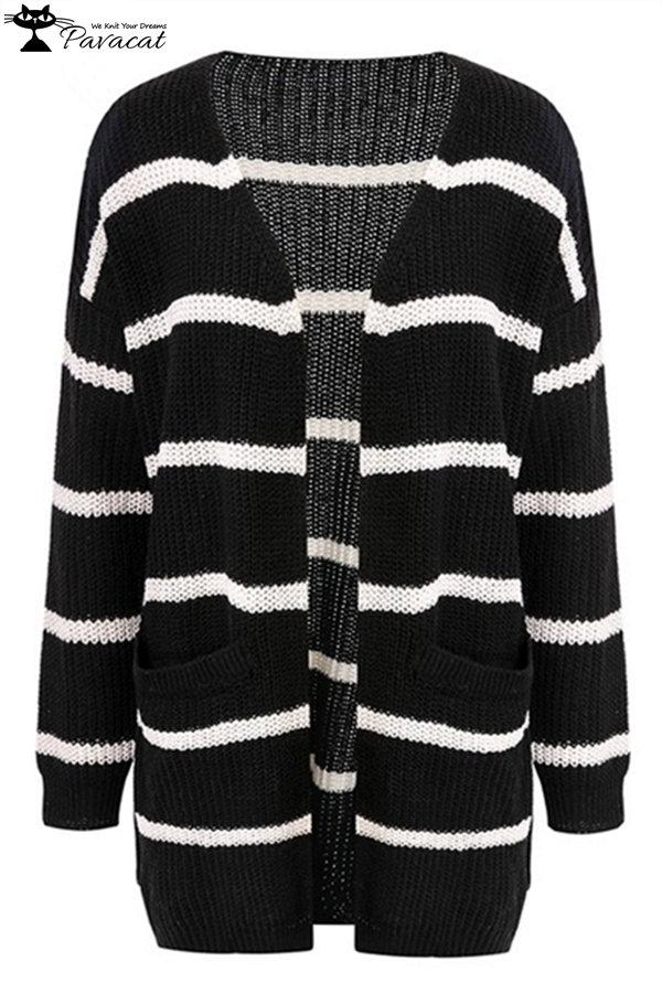 V Neck Striped Pocket Cardigan