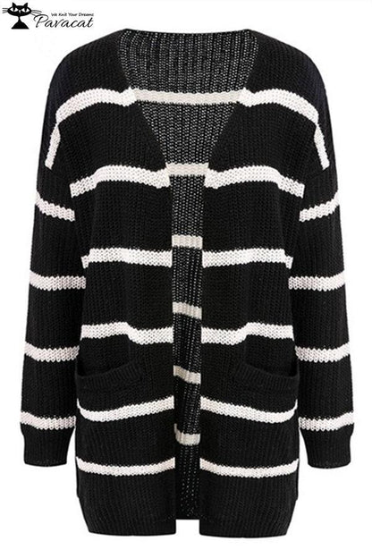 V Neck Striped Pocket Cardigan