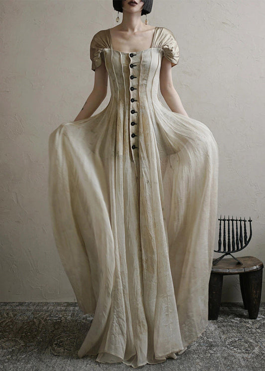 Square Collar Button Long Dress Summer