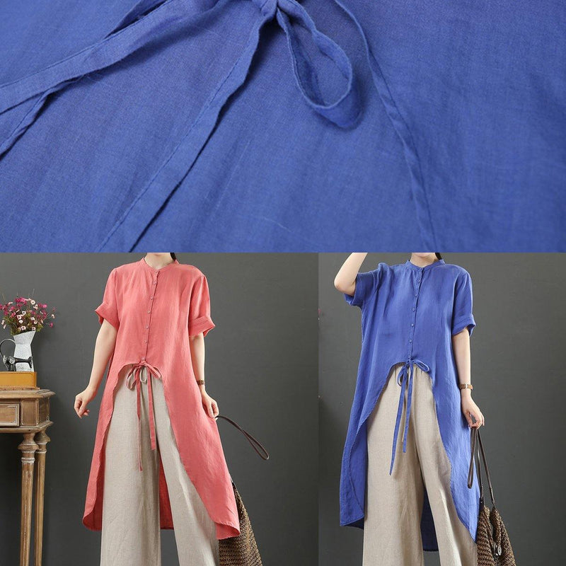 Loose Stand Collar Asymmetric Linen Shirts Tutorials Red Tops