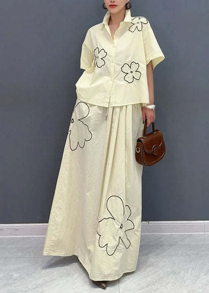 Apricot Peter Pan Collar Button Shirts and Maxi Skirts Two Piece Set Summer
