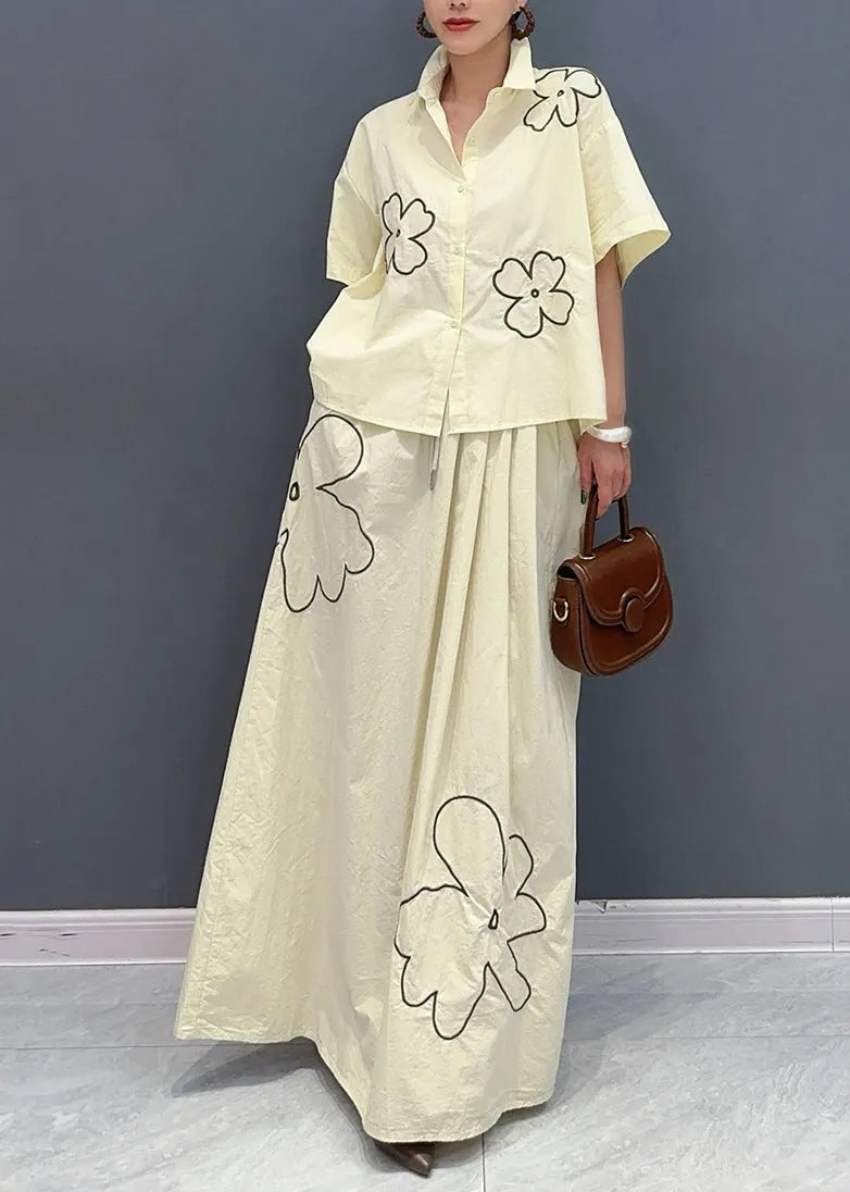 Apricot Peter Pan Collar Button Shirts and Maxi Skirts Two Piece Set Summer