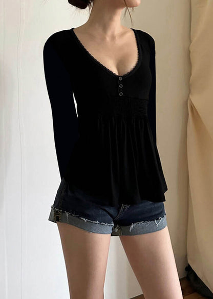 Loose Black V Neck Lace Cotton T Shirts Flare Sleeve
