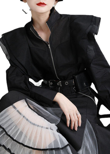 White Zip Up Patchwork Ruffled Cotton Shirt Top Fall