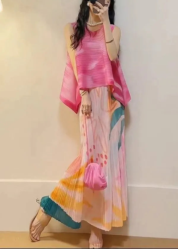 Stylish Pink Gradient Print Tops and Skirts 2 Piece Outfit Summer