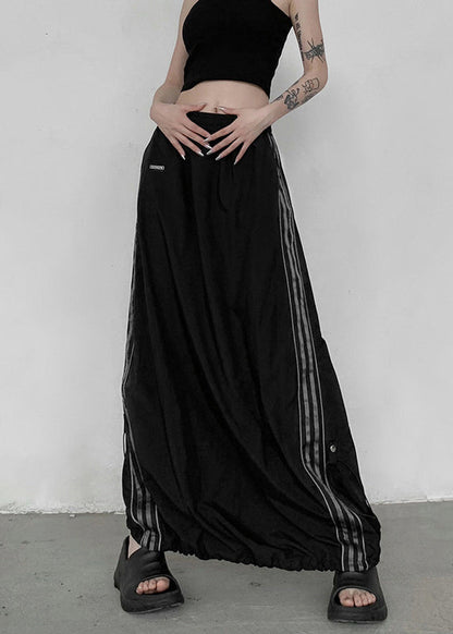 Black Pockets Elastic Waist Patchwork Cotton Maxi Skirts Fall
