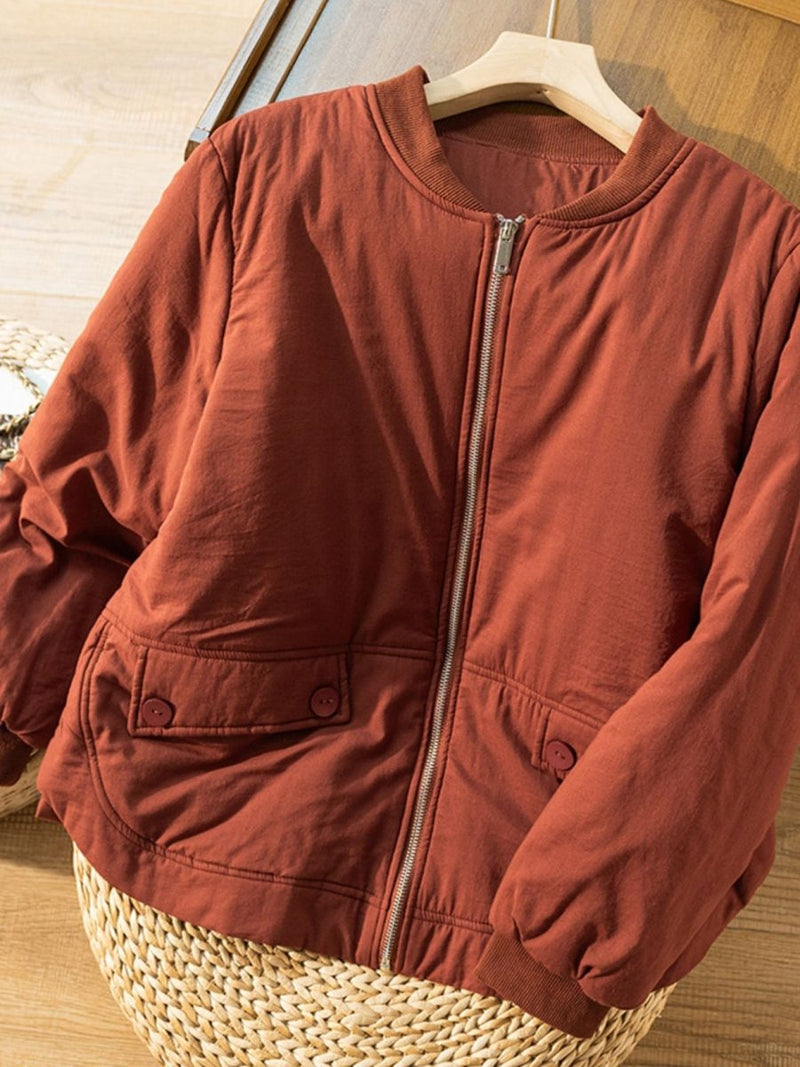 100% Natural Fabric Zipper Round Neck Long Sleeve Coat