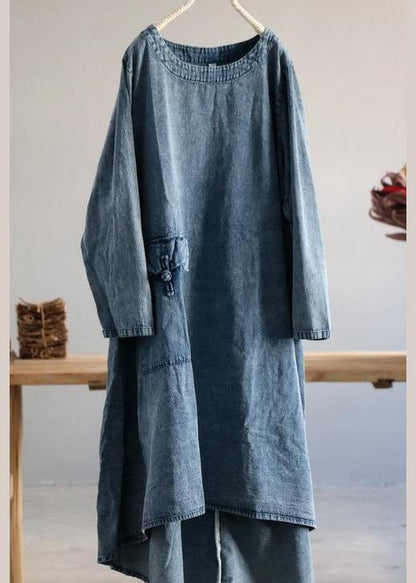 Denim Blue U Neck Dress Large Hem Mid Dress