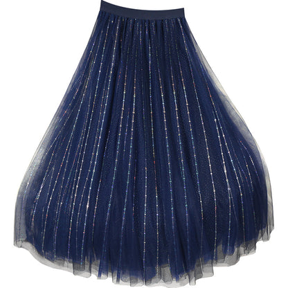 Loose Blue Sequins Tulle Pleated Skirt Summer