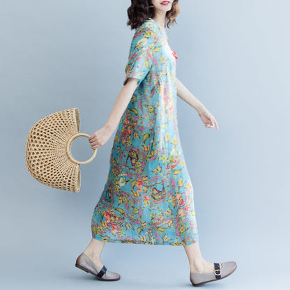 Blue Print Linen Dresses Clothing V Neck a Line Skirts Caftans Short Sleeve Dresses